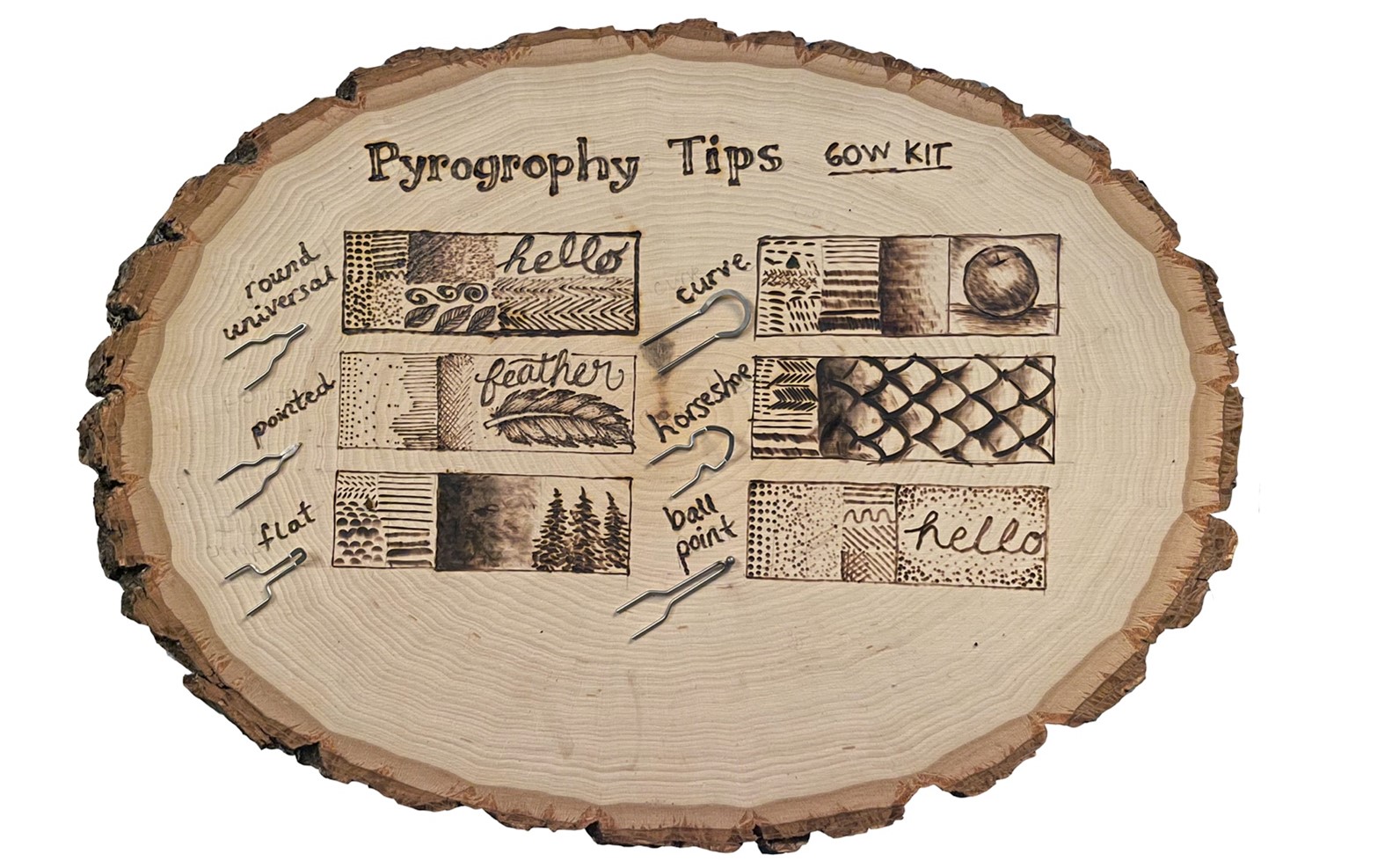 wood burn on log cross-cut showing different tips' burn marks