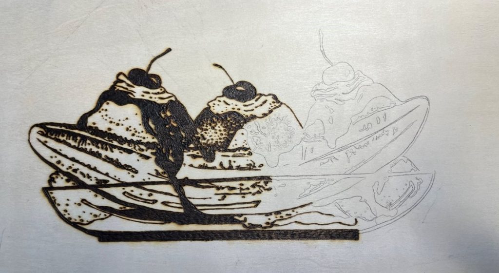 banana split template being wood burned