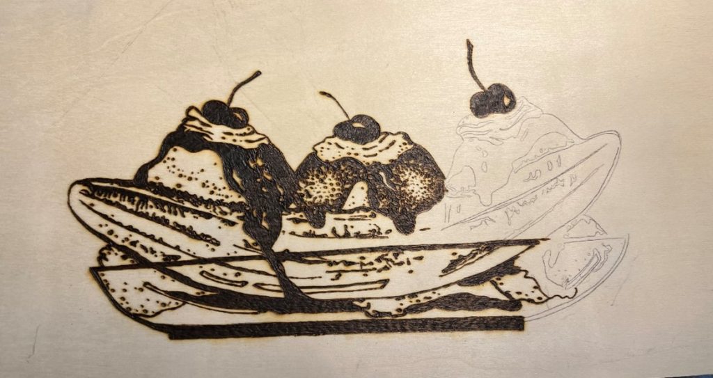 banana split template being wood burned